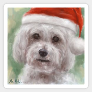 Painting of a Cute Poodle Maltese Mix with Red Santa Hat Sticker